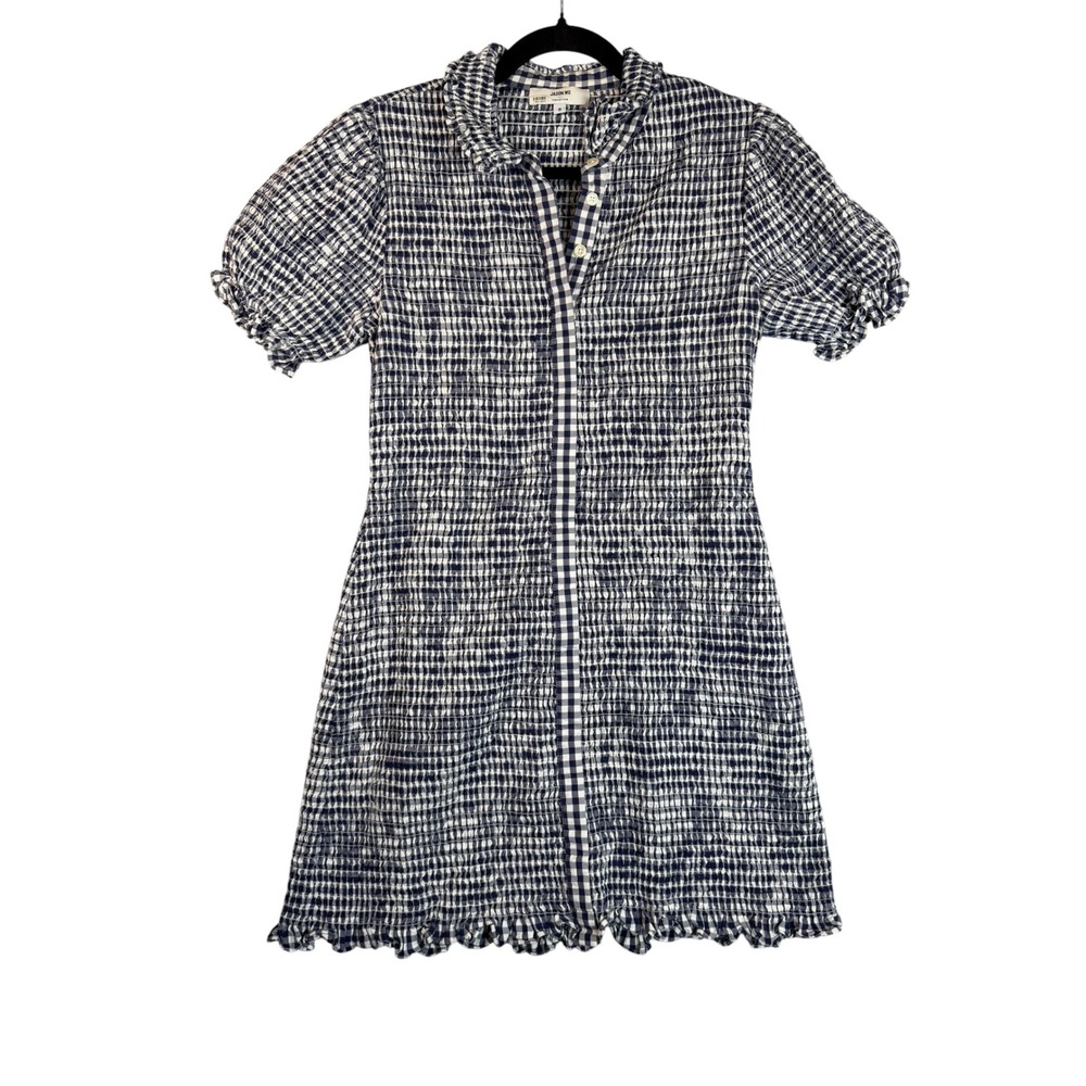 Jason Wu Collective Navy White Gingham Smocked Mini Dress Short Sleeve Size 8